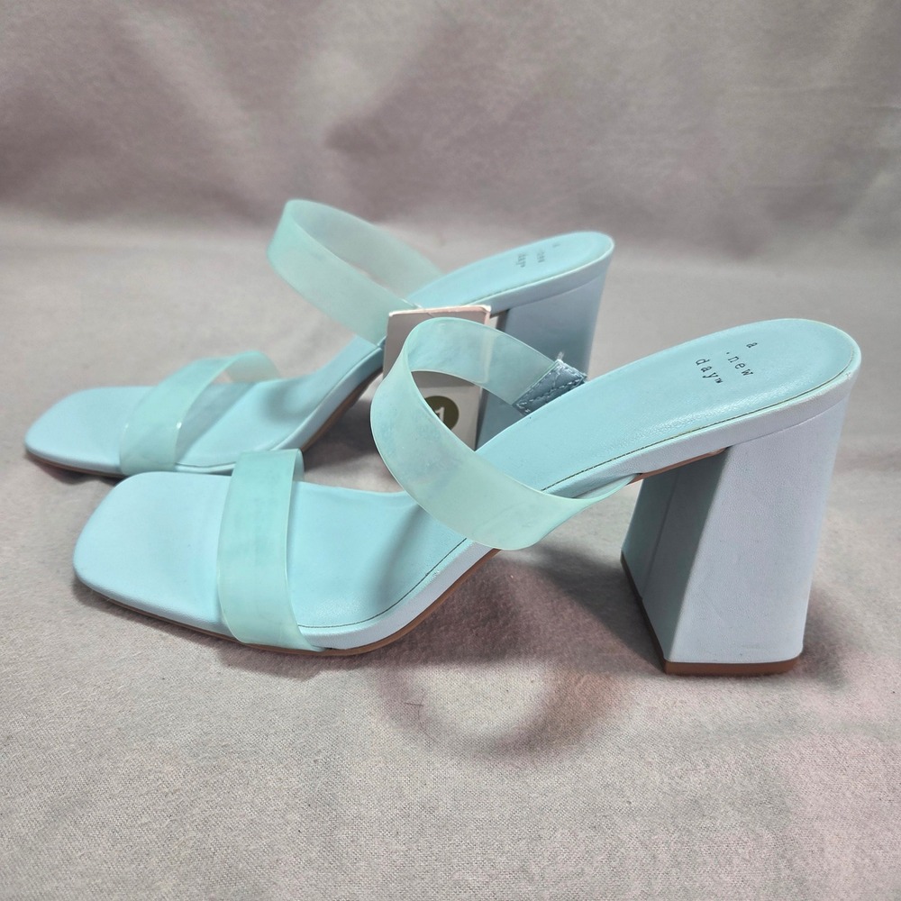 A New Day Deanna Heeled Sandals Light Blue Clear Straps Block Heel Y2K 11 - Picture 9 of 11